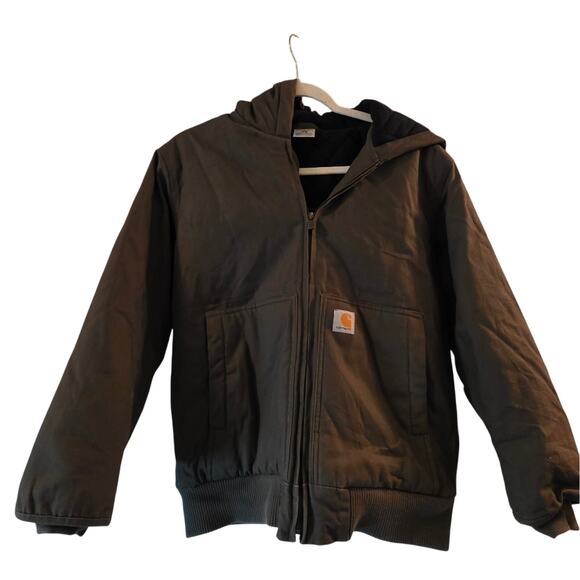 Carhartt Boys Quilted Lined Olive Hooded Jacket W/Zipper Chore Coat Barn Sz L - Picture 1 of 10